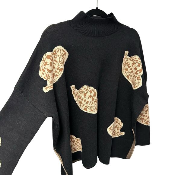 Entro Black Tan Cowboy Hat Print Mock Neck Pullover Sweater Womens Size Small - Picture 3 of 8